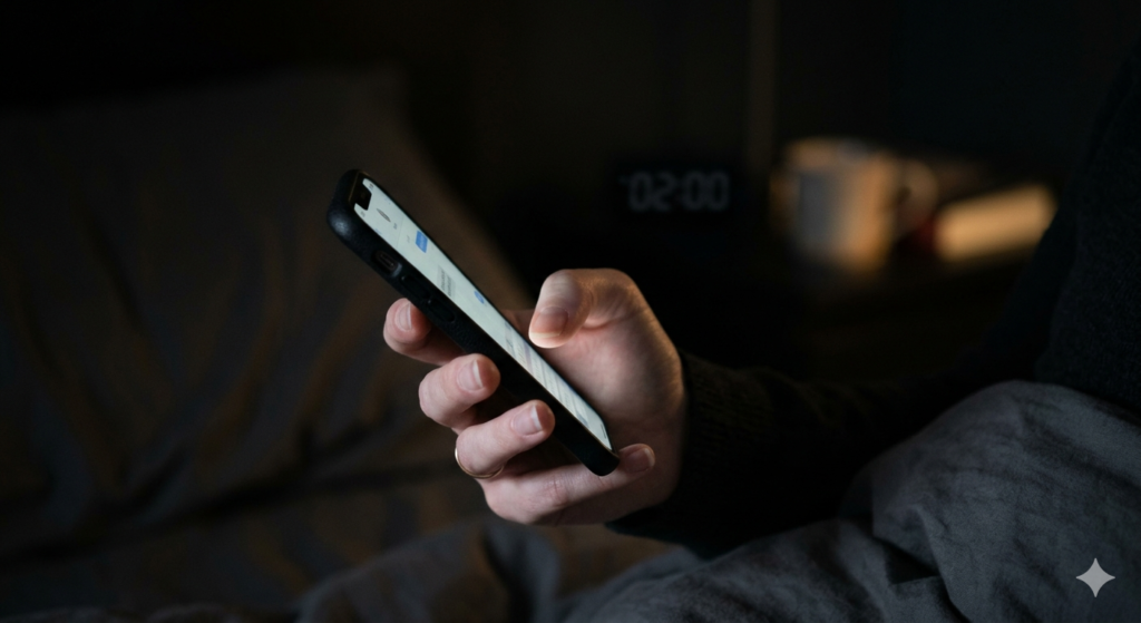 A woman's hand holding a phone in the dark of 2am — the quiet beginning again that happens before anyone sees it.