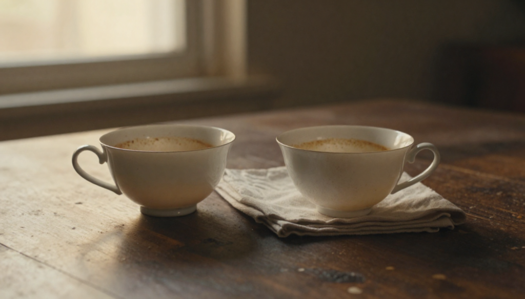 Two empty teacups on a table after a long conversation — adult friendships do not always end with goodbye."