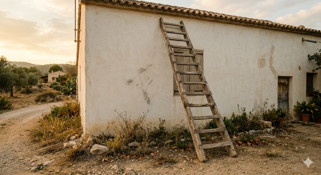 A wooden ladder leaning against a plain wall in afternoon light — the climb you may need to leave to begin again on the right one.