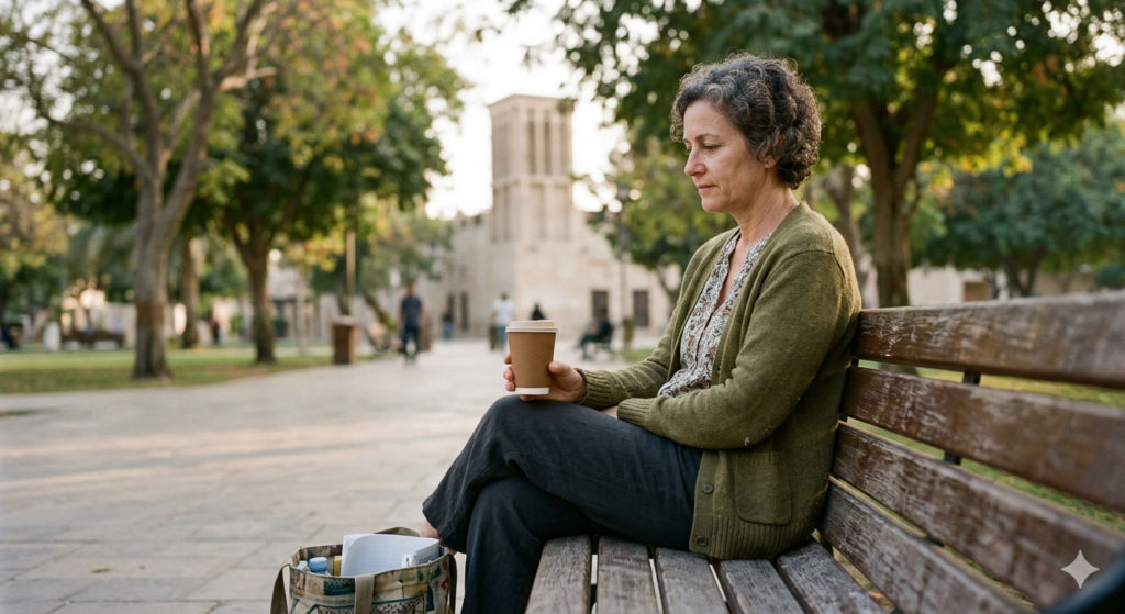 A woman on a bench in afternoon light with a coffee cup — being a mother and a person at the same time, mid-life.
