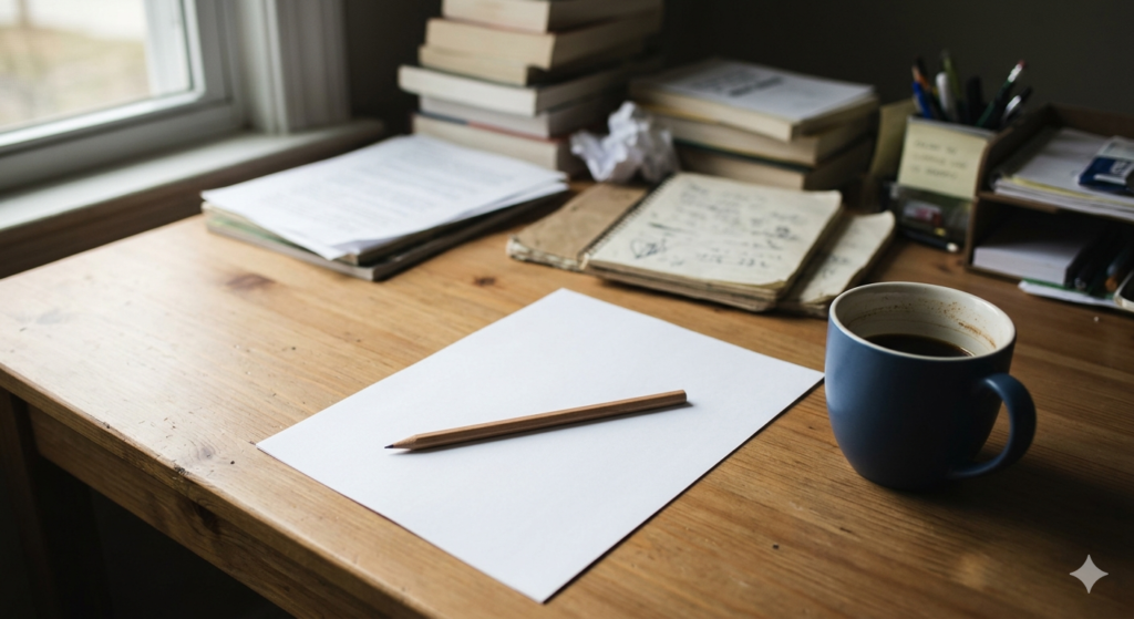 A desk with a single sharp pencil, a clean sheet of paper, and a half-drunk coffee — the deliberate act of clarity in a world that subsidises confusion.