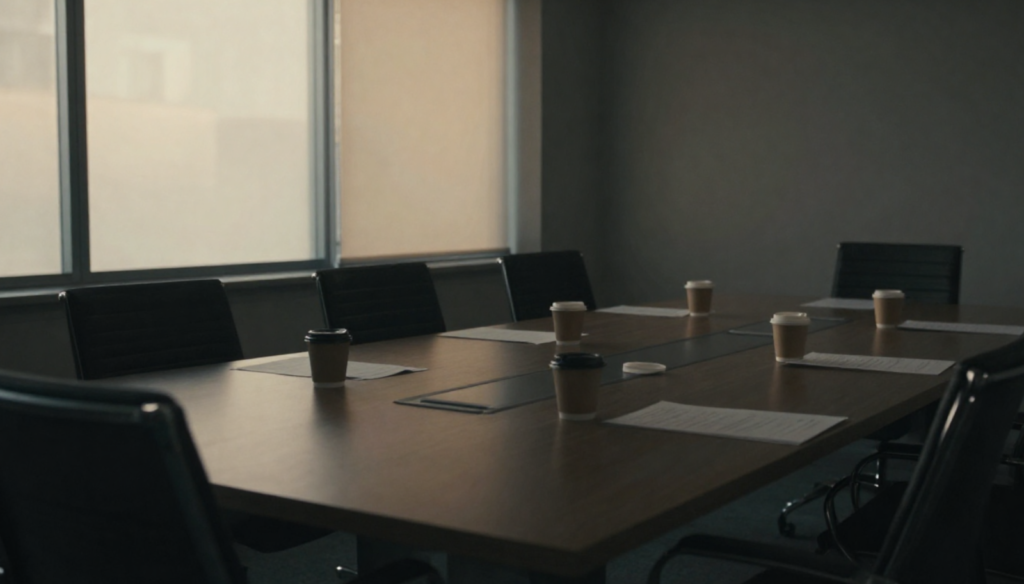 A meeting room with empty chairs at the end of the day — where clarity gets postponed and confusion gets recurring calendar invites.