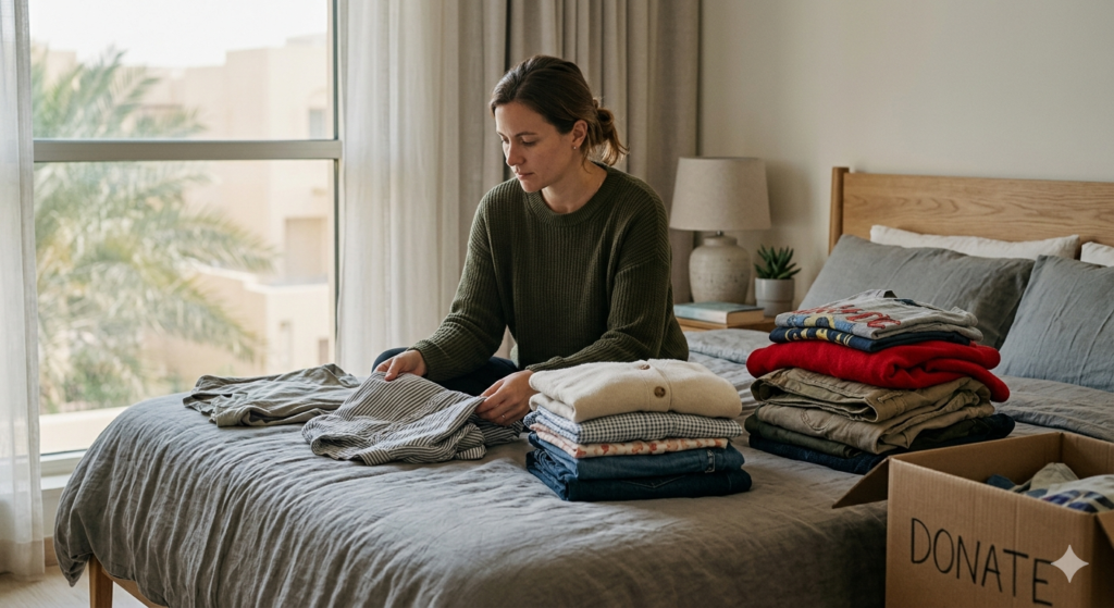 A half-empty closet with familiar clothes that no longer fit — a visual metaphor for growth in midlife that looks like loss.