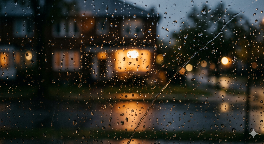 Rain on a window pane with warm light behind — the gentle face of growth that looks like losing
