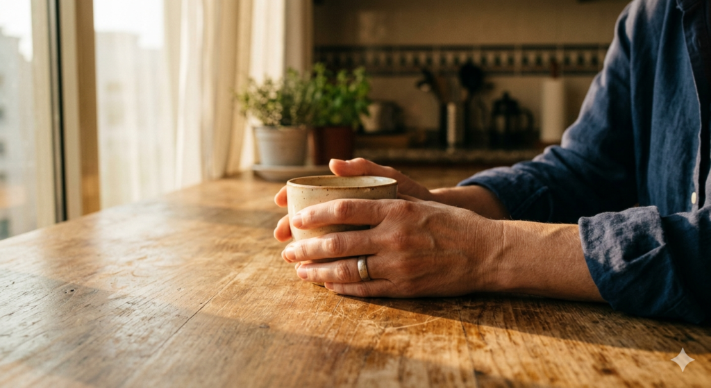 A woman's hands resting on a kitchen table — the calm of no longer apologising for the shape of her life.